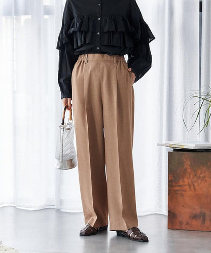 接觸冷感 UVカット LINEN TOUCH 褶飾 彈力 休閒褲