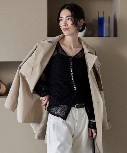 多扣蕾絲抽褶 針織開衫