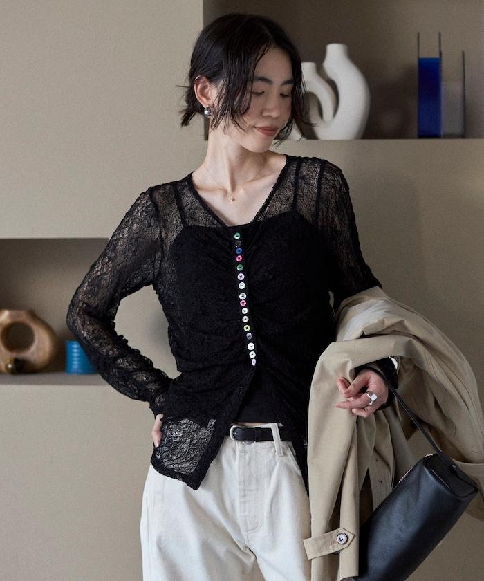 多扣蕾絲抽褶 針織開衫