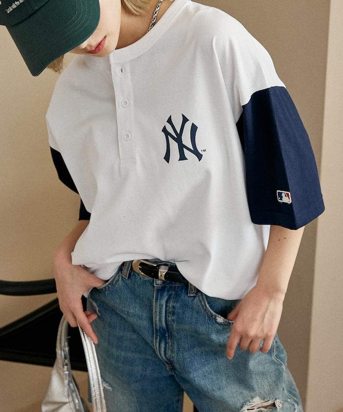 聯名 MLB 標誌印花 寬鬆 Henley領 T恤