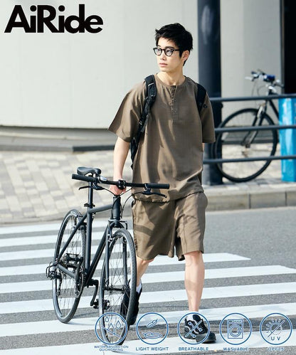 AiRide/エアライド 可收納 吸水速幹 防紫外線 亨利領套頭上衣與休閒短褲 套裝