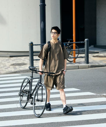 AiRide/エアライド 可收納 吸水速幹 防紫外線 亨利領套頭上衣與休閒短褲 套裝