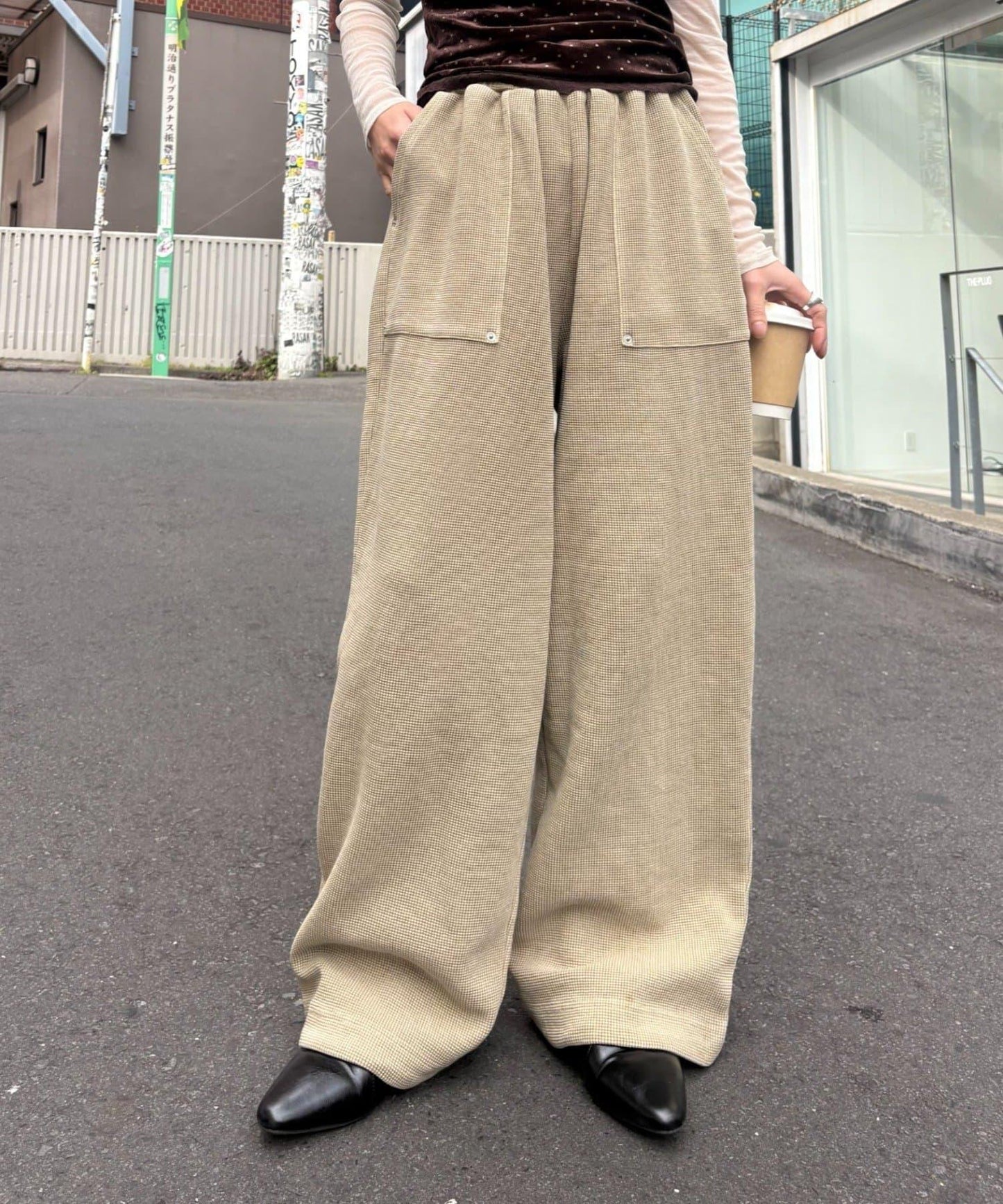 UNISEX 水洗做舊華夫格休閒褲