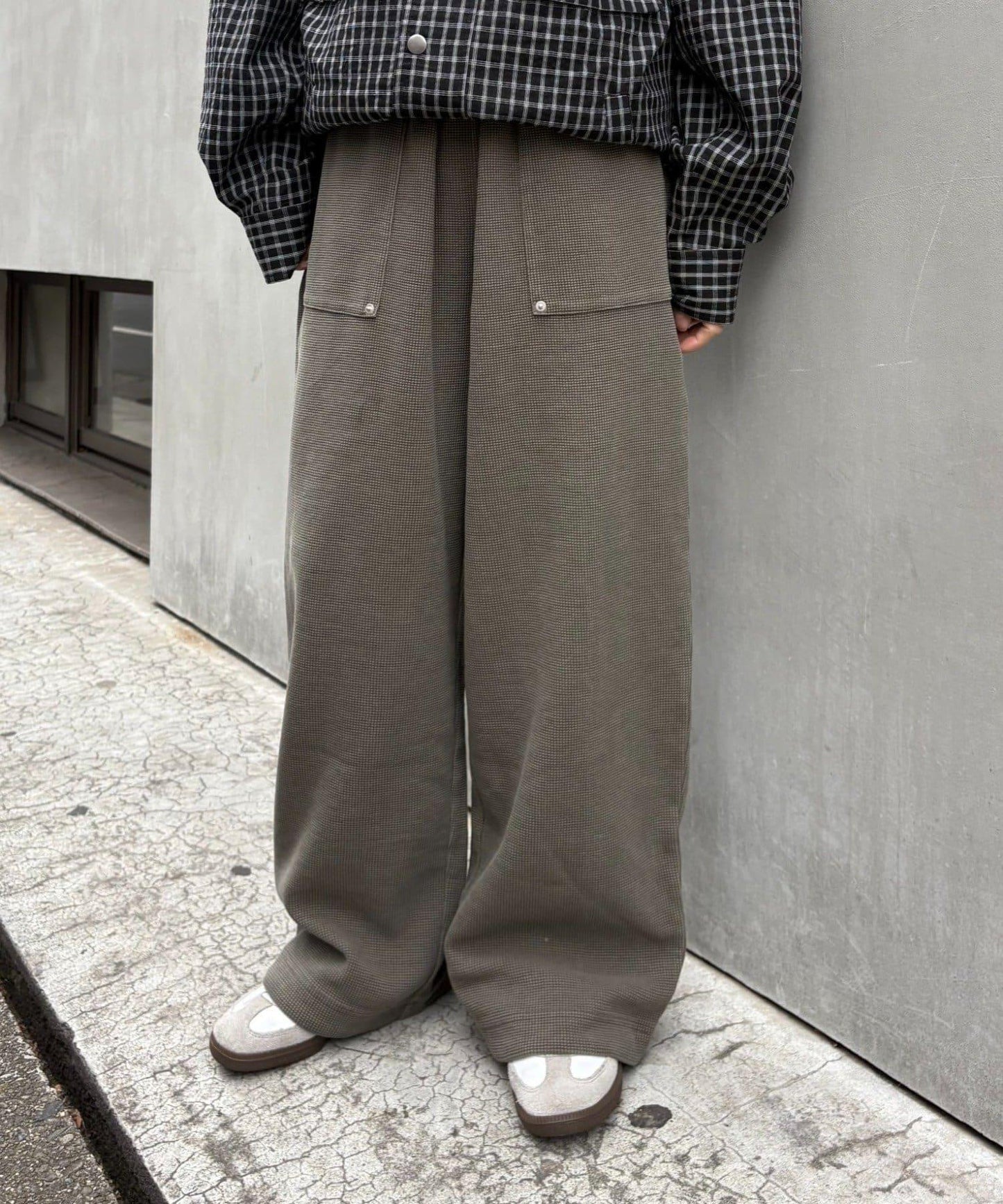 UNISEX 水洗做舊華夫格休閒褲