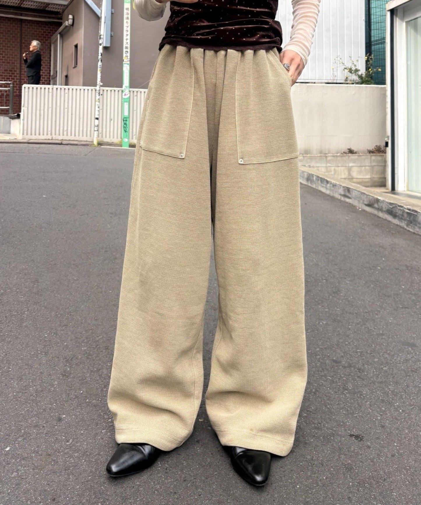 UNISEX 水洗做舊華夫格休閒褲