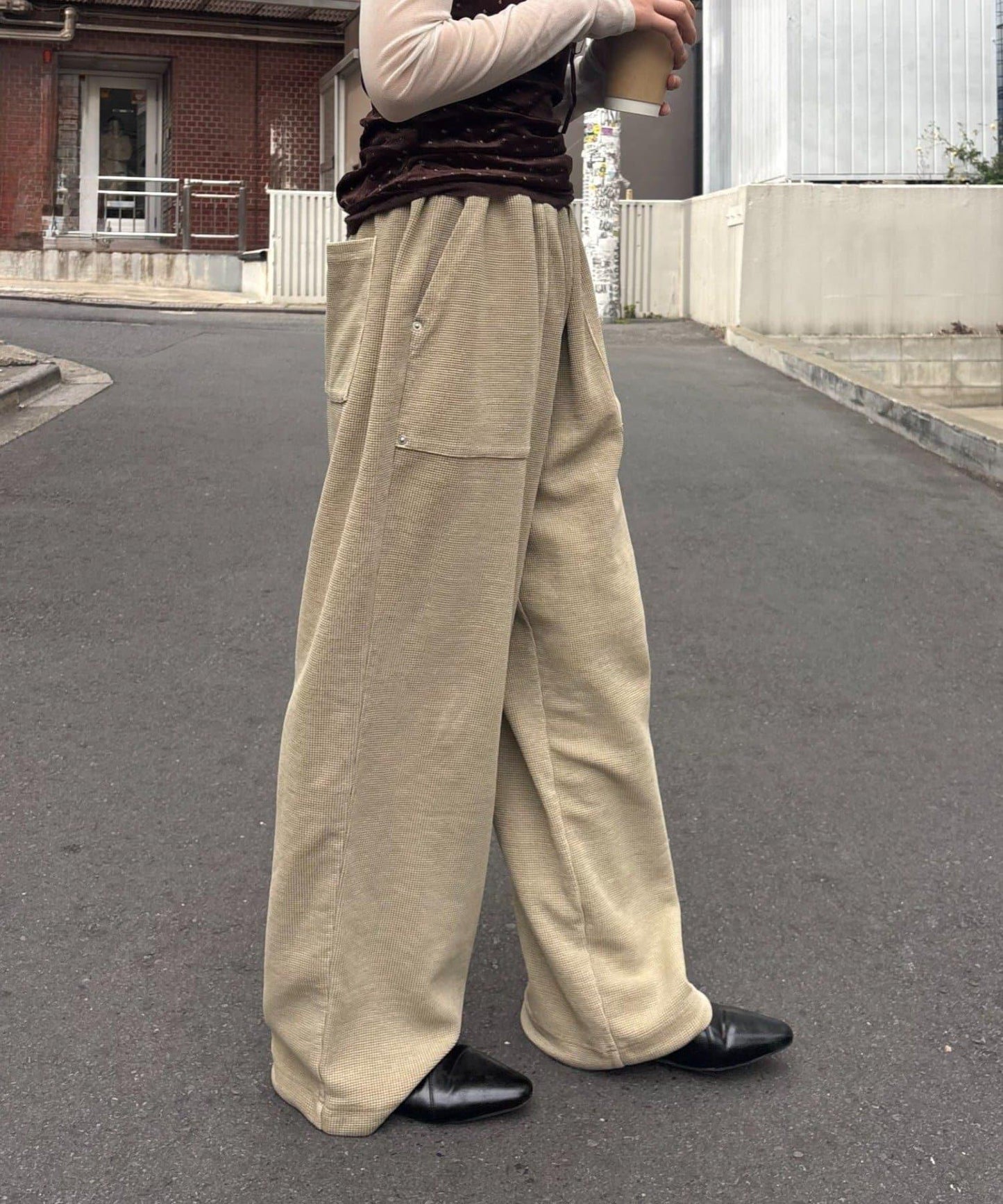 UNISEX 水洗做舊華夫格休閒褲