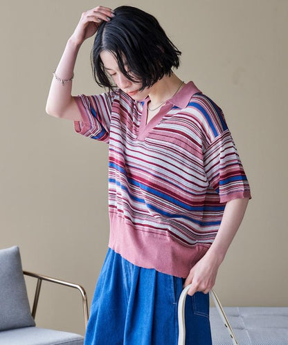 透膚開襟V領五分袖夏季針織上衣