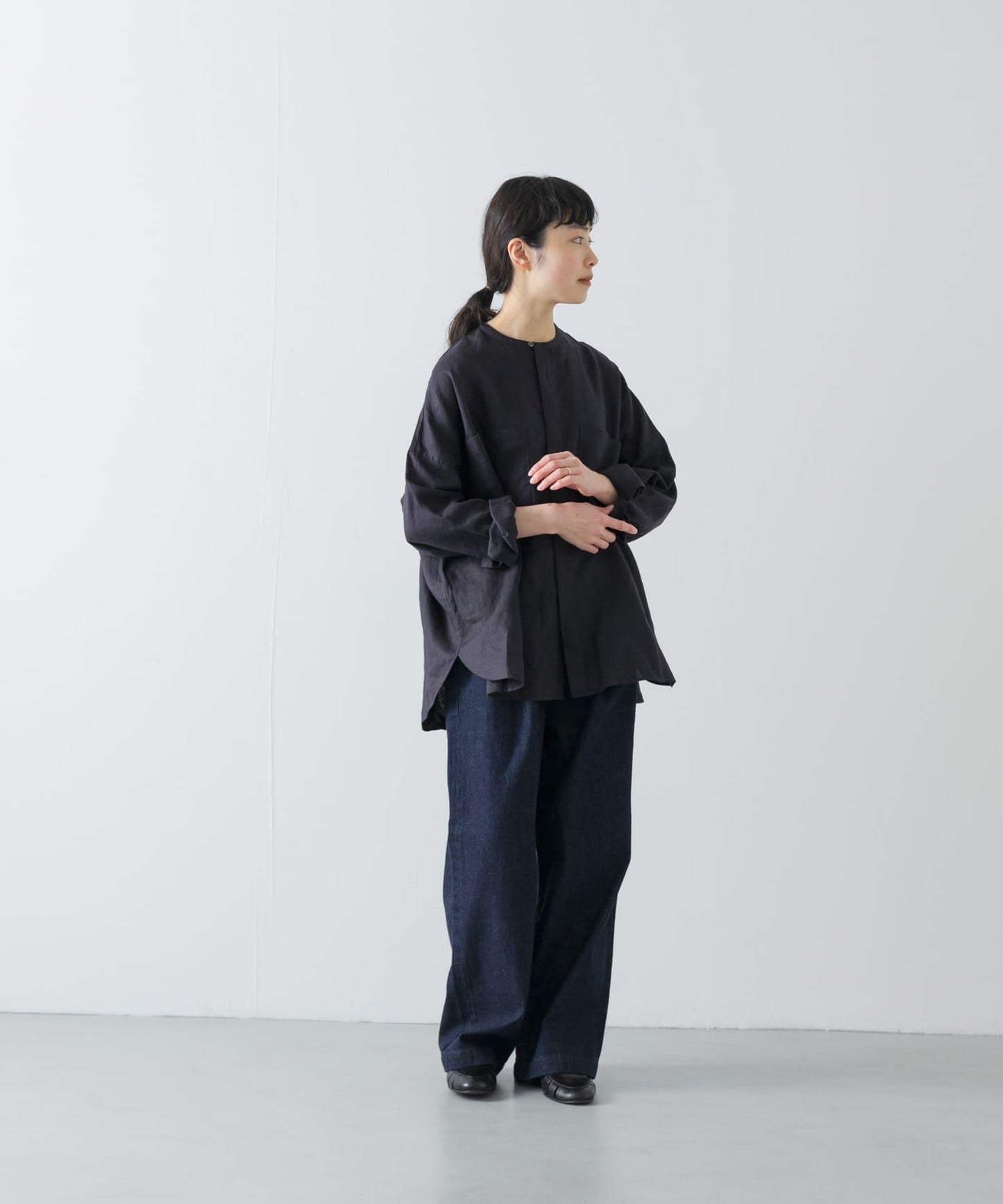 亞麻寬鬆雙口袋襯衫