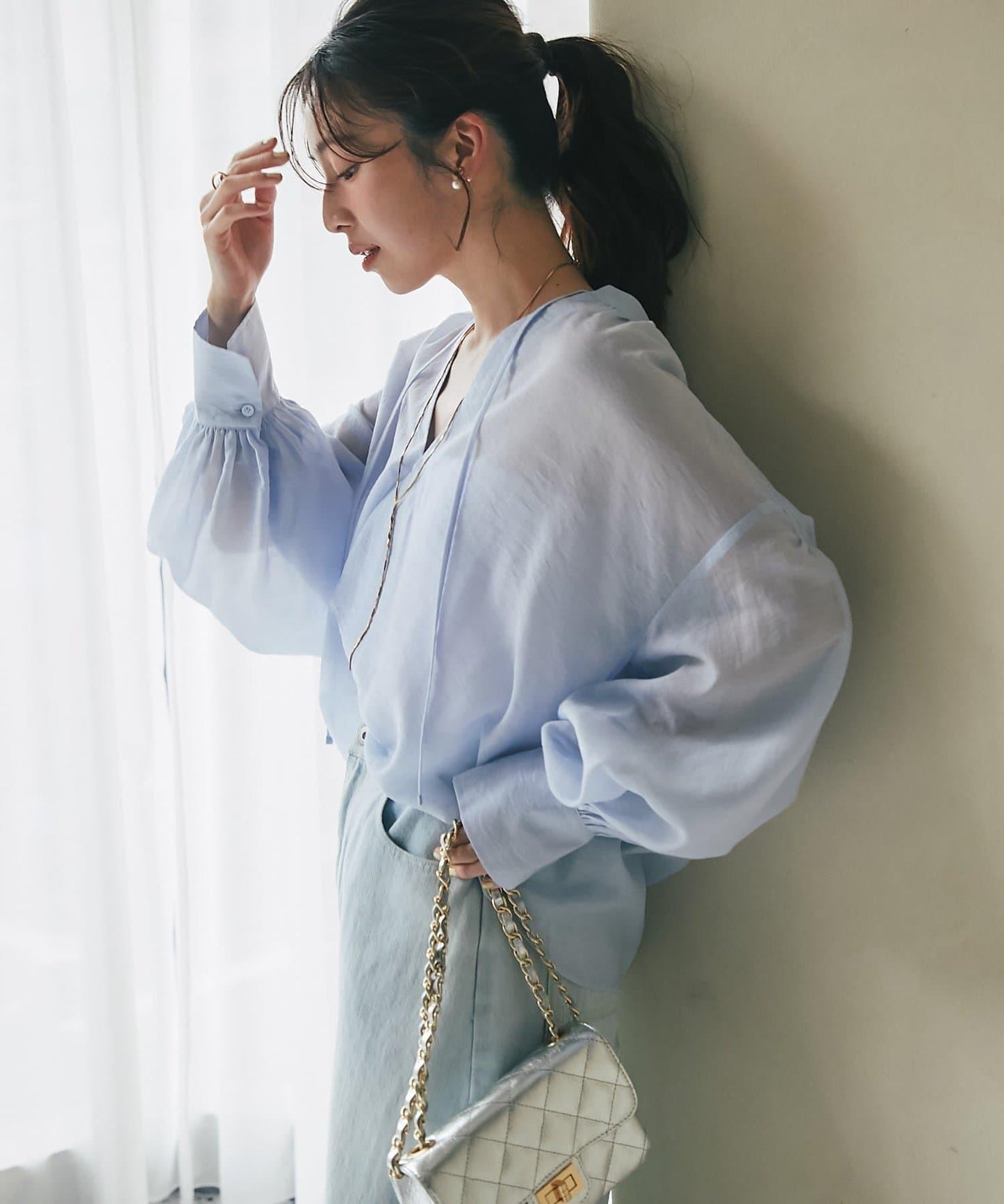 蝴蝶結蓬鬆袖 輕紗 女襯衫（復刻款・新色黃色）
