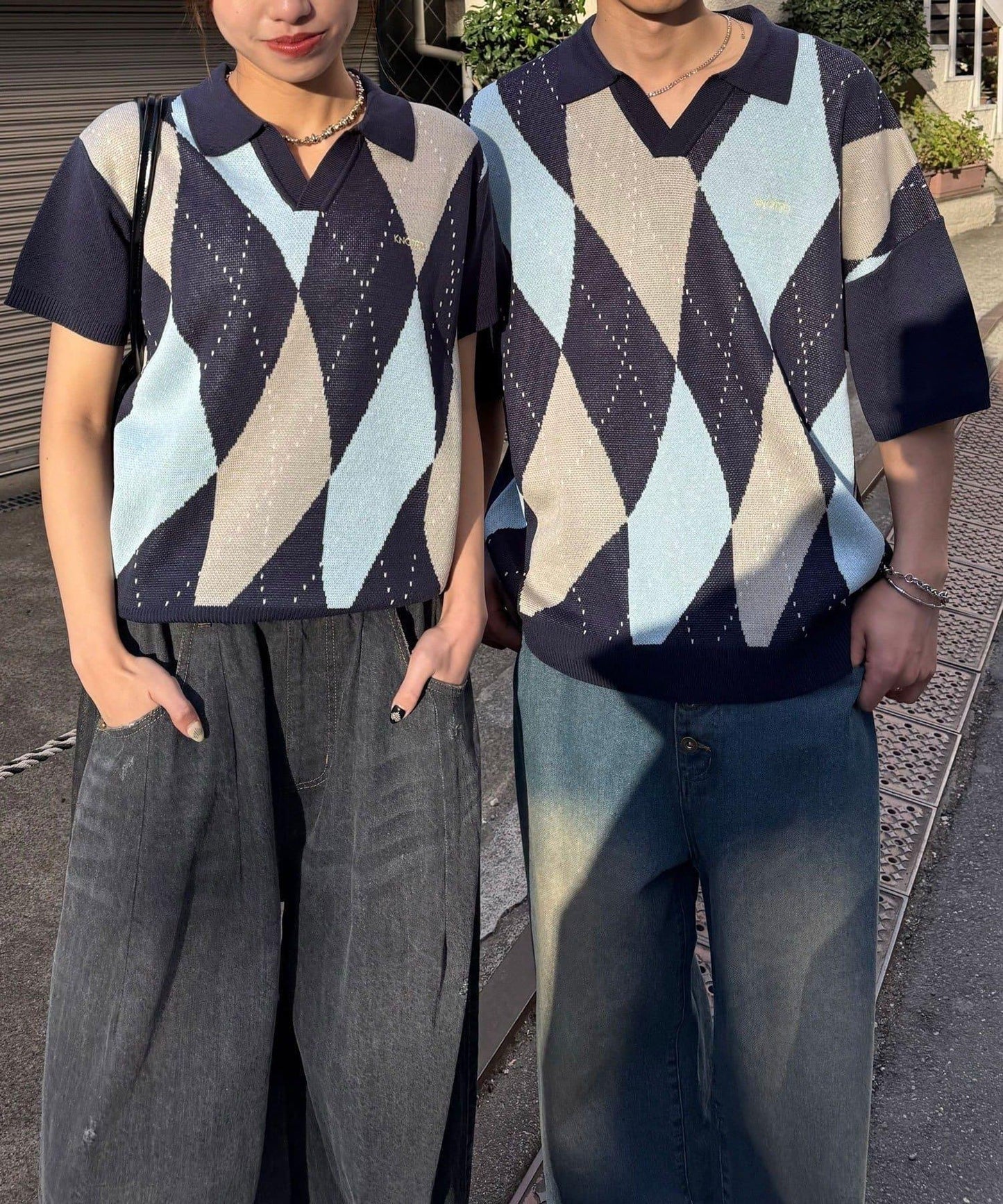 菱形格開領夏季針織POLO衫