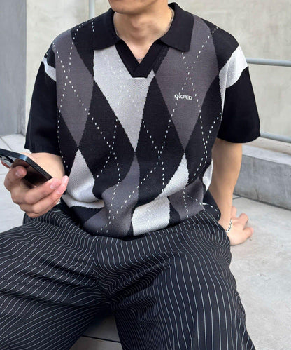 菱形格開領夏季針織POLO衫