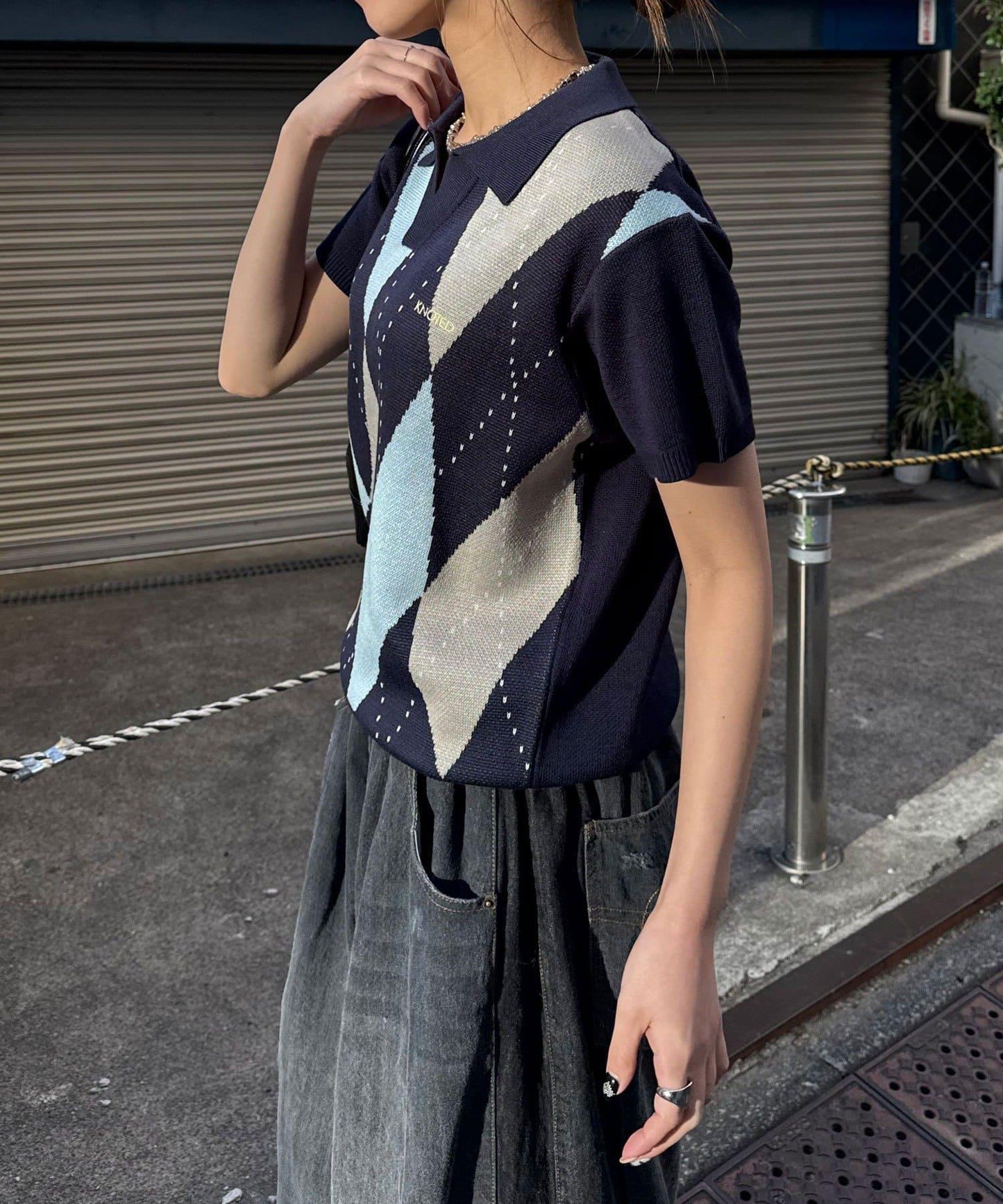 菱形格開領夏季針織POLO衫