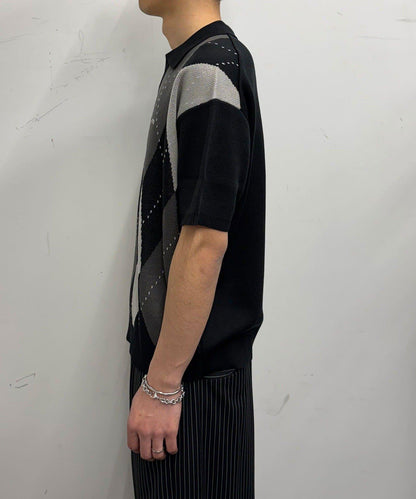 菱形格開領夏季針織POLO衫
