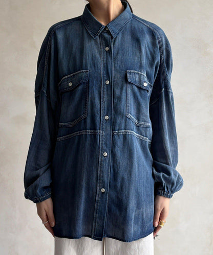 後褶 透感牛仔襯衫