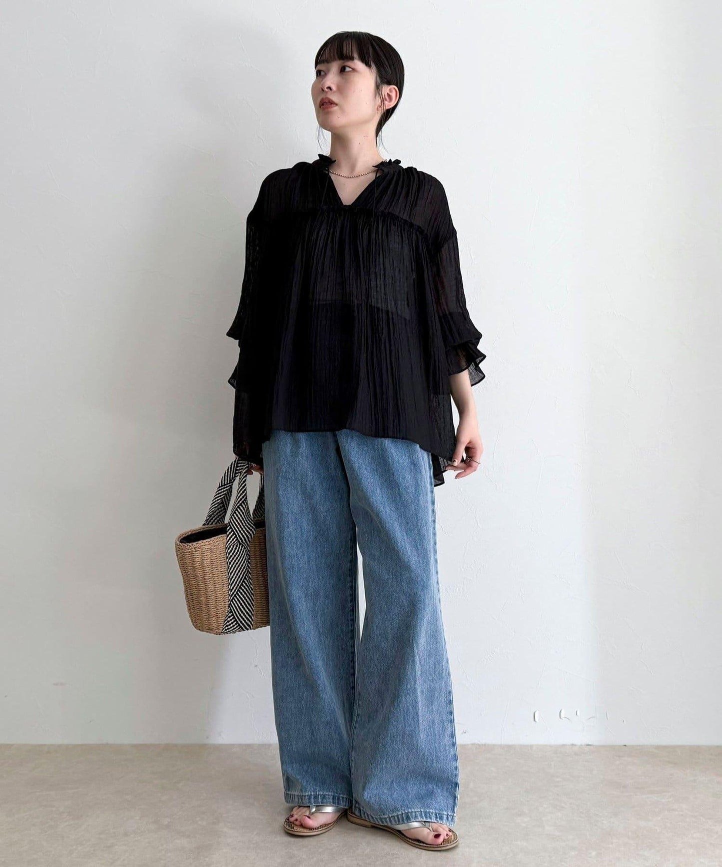 LINEN混紡 透感楊柳紋 女襯衫