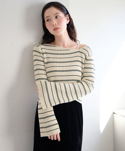 條紋純色 喇叭袖 羅紋 針織上衣