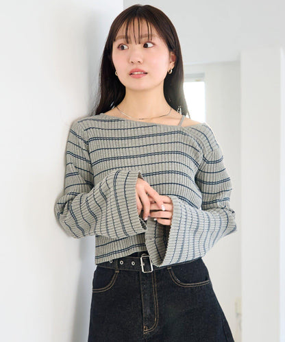 條紋純色 喇叭袖 羅紋 針織上衣