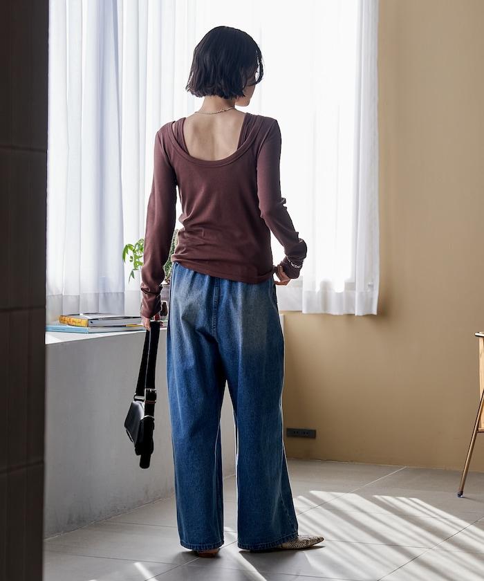 棉莫代爾疊穿後背開口長袖T恤套裝