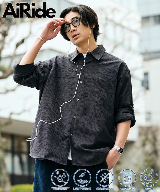 AiRide/エアライド 寬鬆版 2WAY 捲袖設計 泡泡紗 可收納 吸水速幹 防紫外線 襯衫