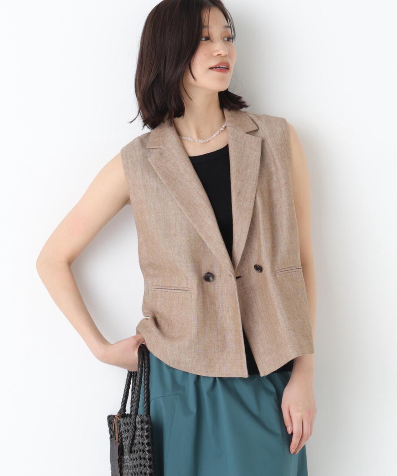 《定番素材 / 洗える》 乾爽觸感亞麻混 短款馬甲