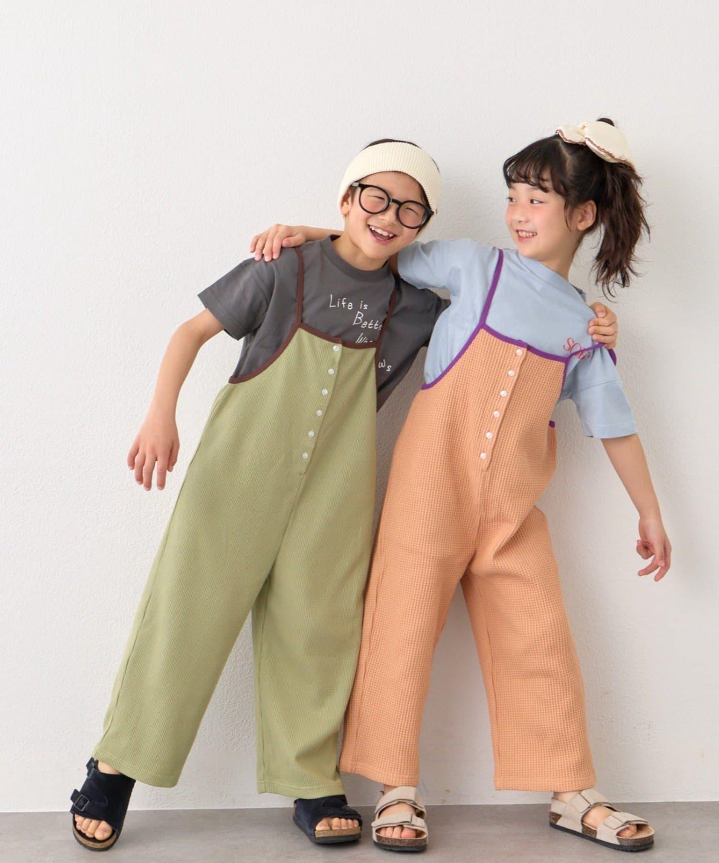 KIDS 拼色華夫格吊帶連體褲