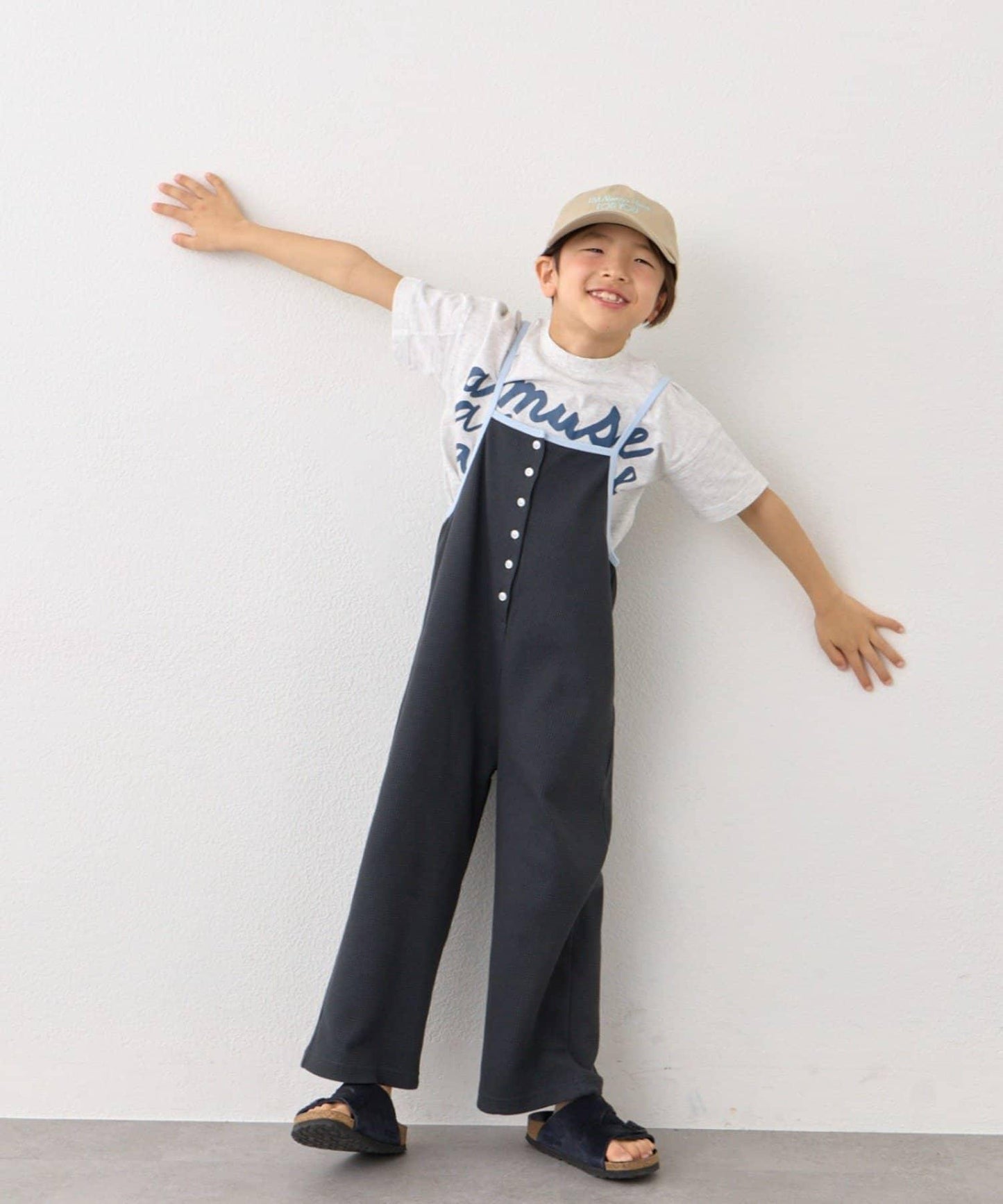 KIDS 拼色華夫格吊帶連體褲