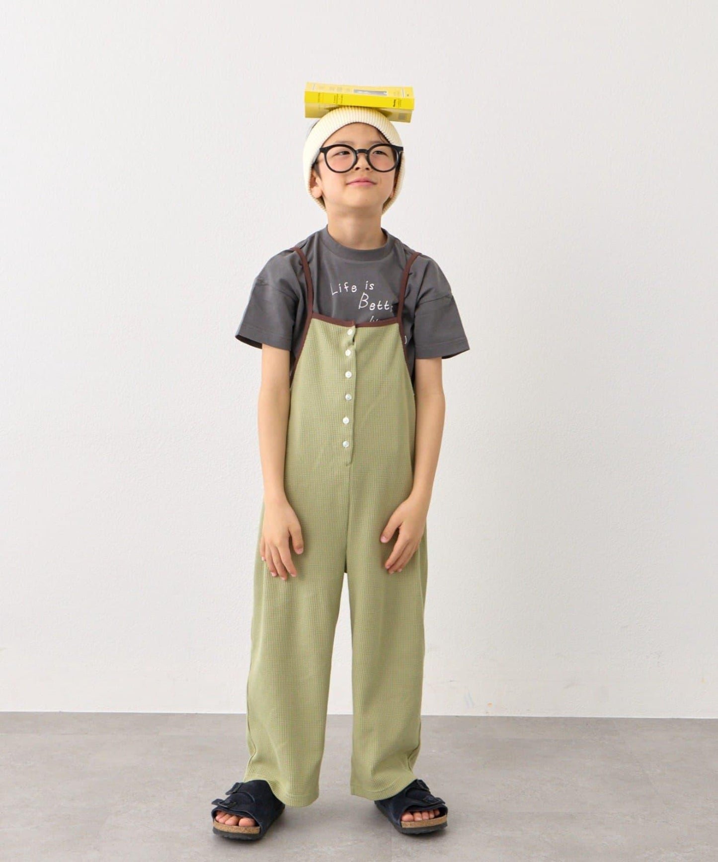 KIDS 拼色華夫格吊帶連體褲