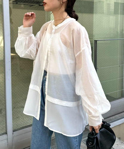 下襬拼接透紗立領襯衫