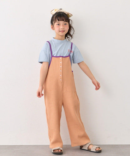 KIDS 拼色華夫格吊帶連體褲