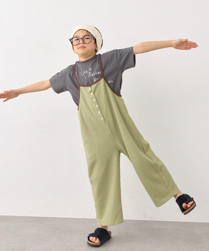KIDS 拼色華夫格吊帶連體褲