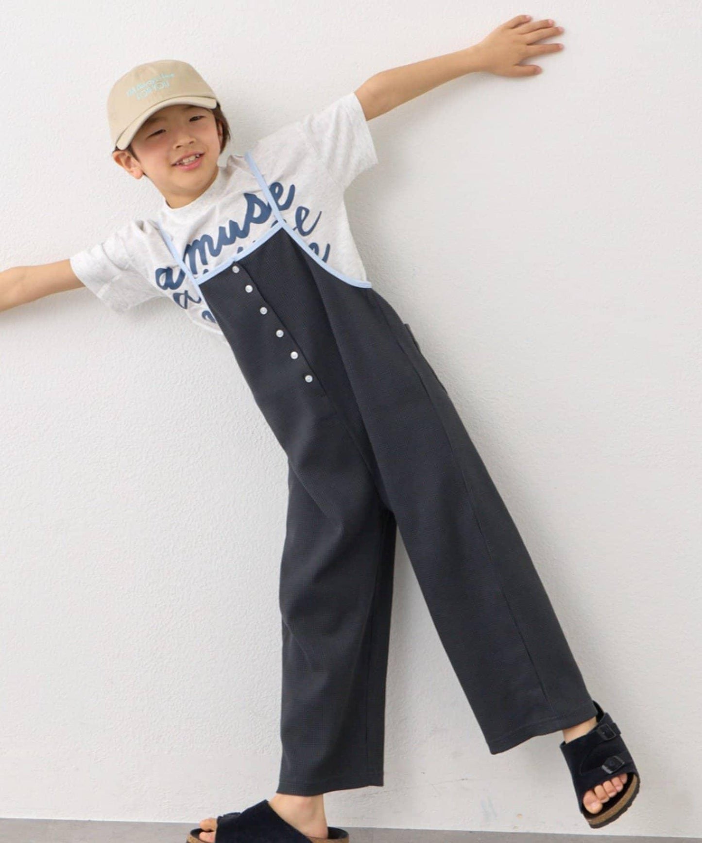 KIDS 拼色華夫格吊帶連體褲