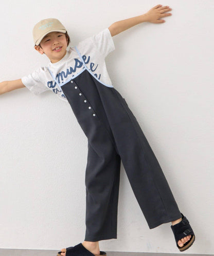 KIDS 拼色華夫格吊帶連體褲