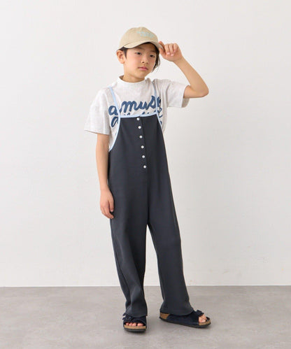 KIDS 拼色華夫格吊帶連體褲