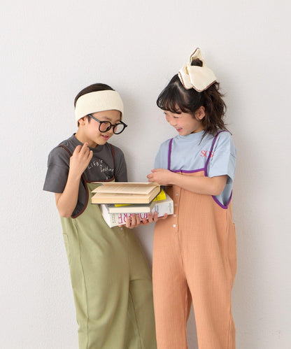 KIDS 拼色華夫格吊帶連體褲