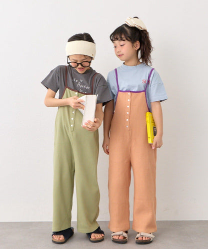 KIDS 拼色華夫格吊帶連體褲