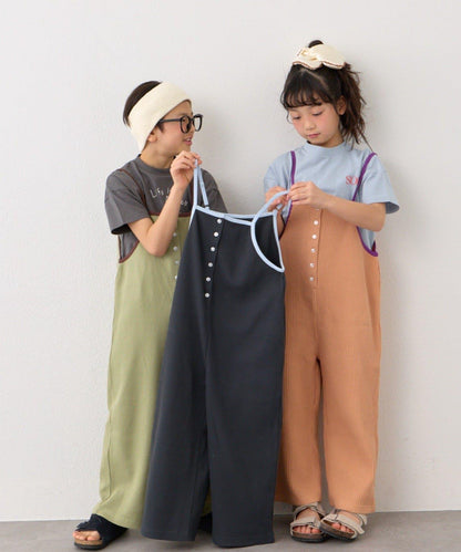 KIDS 拼色華夫格吊帶連體褲