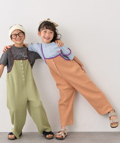 KIDS 拼色華夫格吊帶連體褲