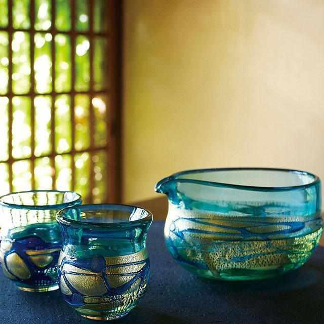 【酒器セット】金彩碧瑠璃 | 津軽びいどろ | 北洋硝子 (アデリア)