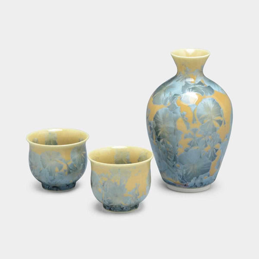【酒器3点セット】花結晶 (灰青) 徳利&ぐい吞 | 京焼-清水焼 | 陶葊
