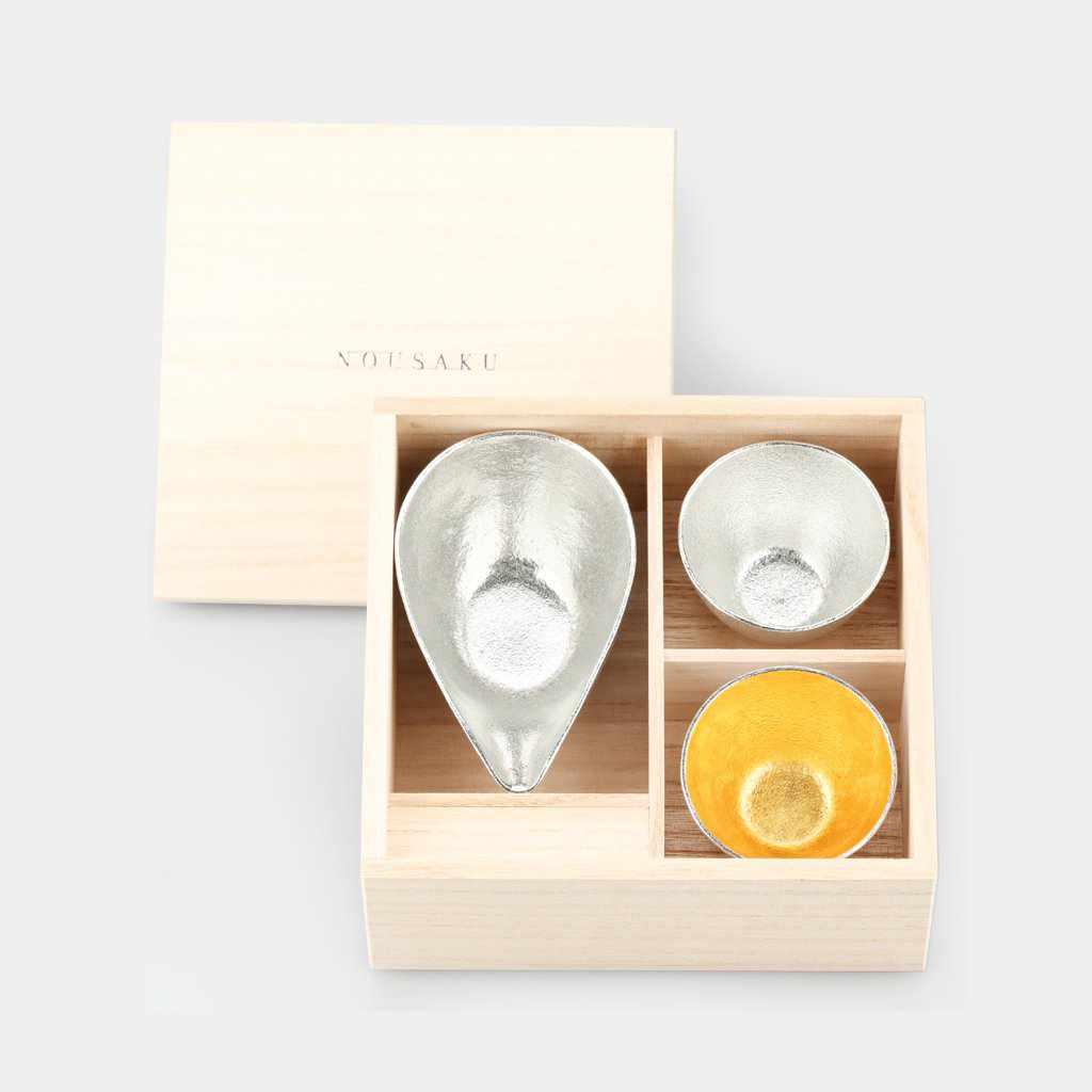 【酒器】片口 - 小 & ぐい呑 錫・金箔セット (桐箱入) | 鋳物 | 能作