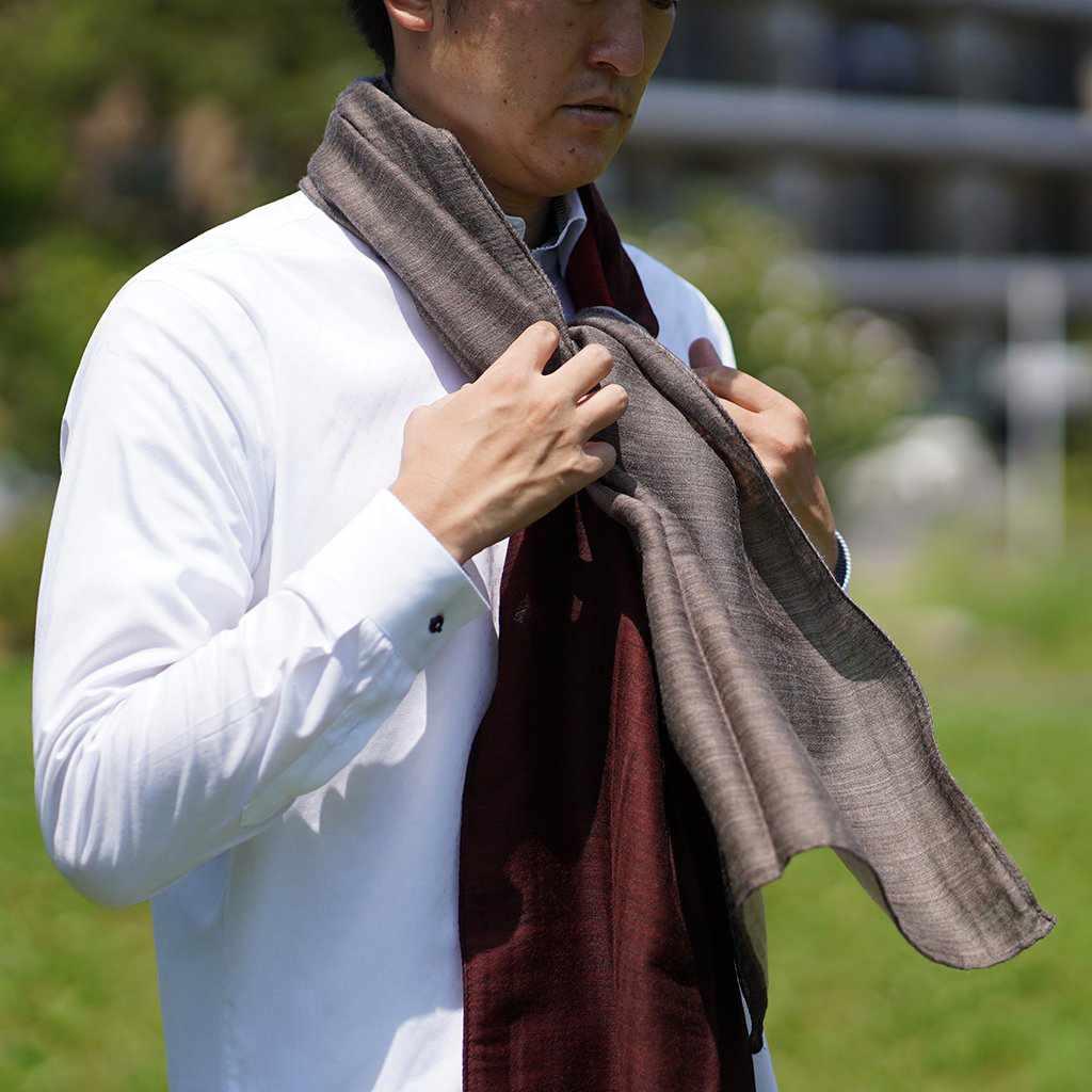 【ストール】やすらぎえりまき (レッド×サンドベージュ×ワイン×ブラウン) | 郡内織物 | 富士桜工房