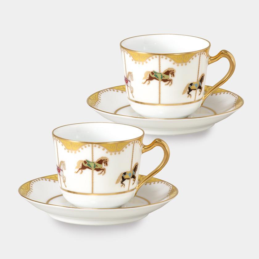 【磁器】大倉陶園 「うまくゆく 回転木馬」コーヒーカップ&ソーサーペアセット