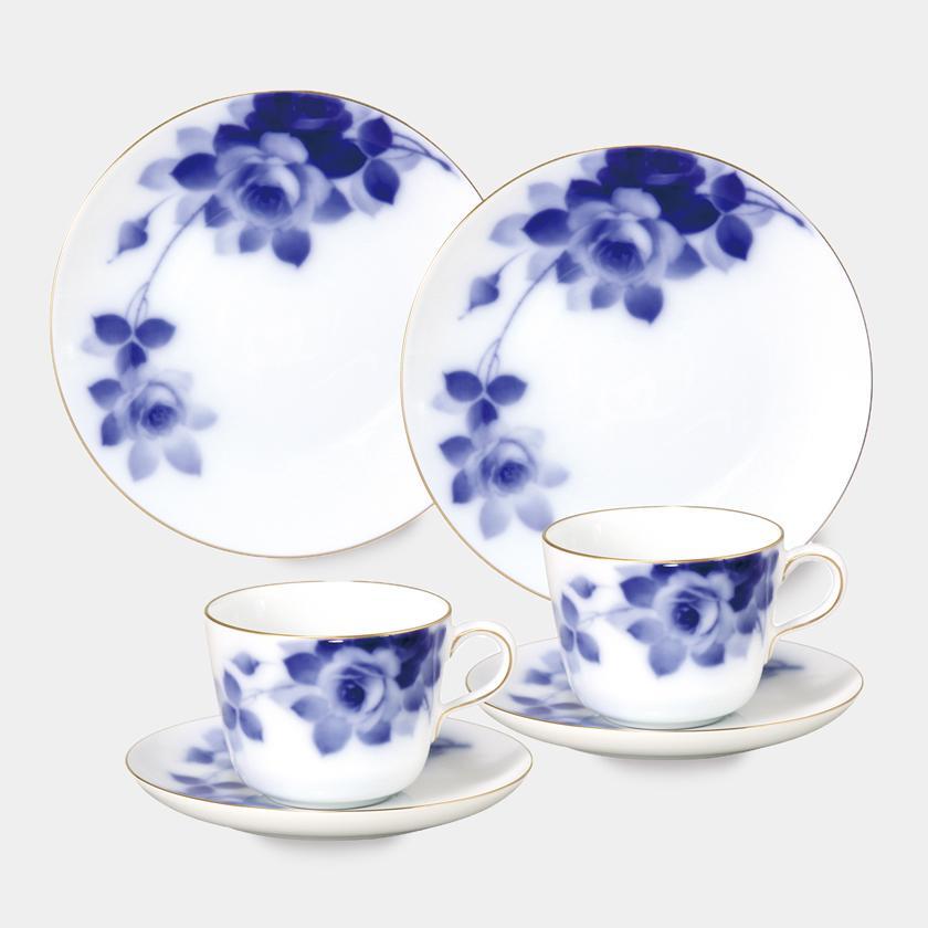 【磁器】大倉陶園 ブルーローズ カフェスペシャルペアセット(モーニングカップ&ソーサー、デザート皿各2セット)
