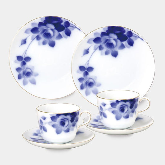 【磁器】大倉陶園 ブルーローズ カフェスペシャルペアセット(モーニングカップ&ソーサー、デザート皿各2セット)