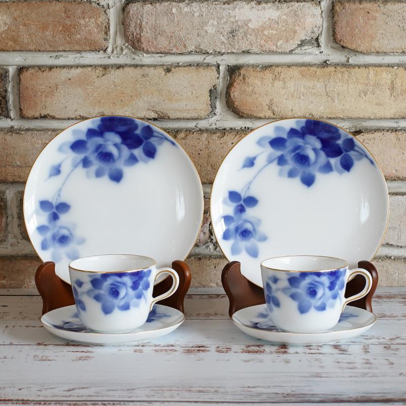 【磁器】大倉陶園 ブルーローズ カフェスペシャルペアセット(モーニングカップ&ソーサー、デザート皿各2セット)