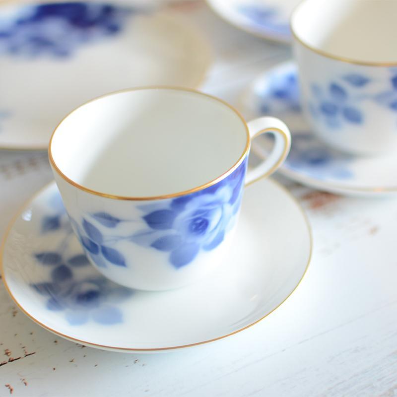 【磁器】大倉陶園 ブルーローズ カフェスペシャルペアセット(モーニングカップ&ソーサー、デザート皿各2セット)