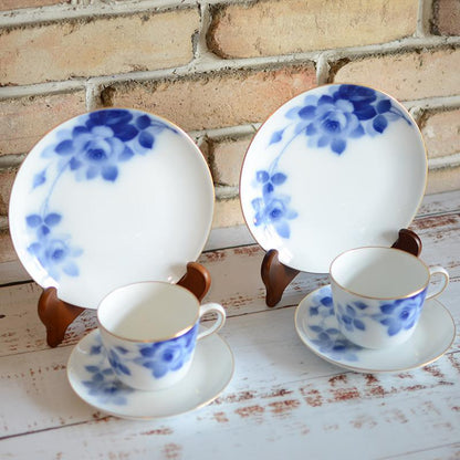 【磁器】大倉陶園 ブルーローズ カフェスペシャルペアセット(モーニングカップ&ソーサー、デザート皿各2セット)