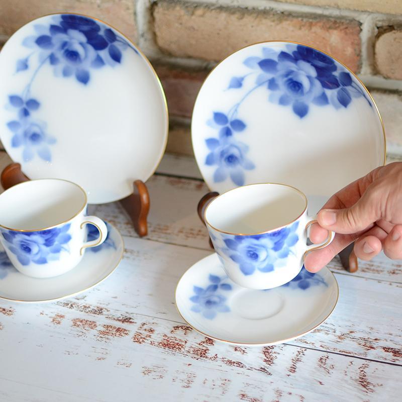 【磁器】大倉陶園 ブルーローズ カフェスペシャルペアセット(モーニングカップ&ソーサー、デザート皿各2セット)