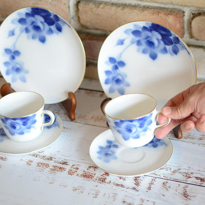 【磁器】大倉陶園 ブルーローズ カフェスペシャルペアセット(モーニングカップ&ソーサー、デザート皿各2セット)