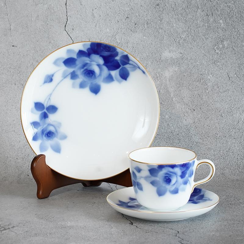 【磁器】大倉陶園 ブルーローズ カフェスペシャル(モーニングカップ&ソーサー、デザート皿)